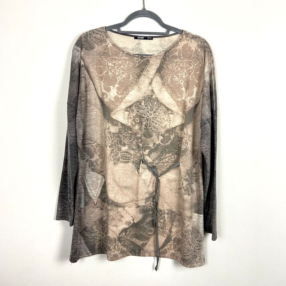 Jocavi Top Womens US XL EU‎ 44 Beige Long Sleeve Y2K Neutral Graphic Relaxed Fit